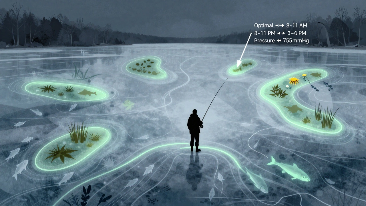 Схема озера с зонами активности рыбы, временами клёва и запахами, без текста.