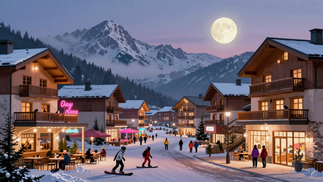Современный горнолыжный курортный городок вечером с огнями кафе, лыжниками и туманными горами.