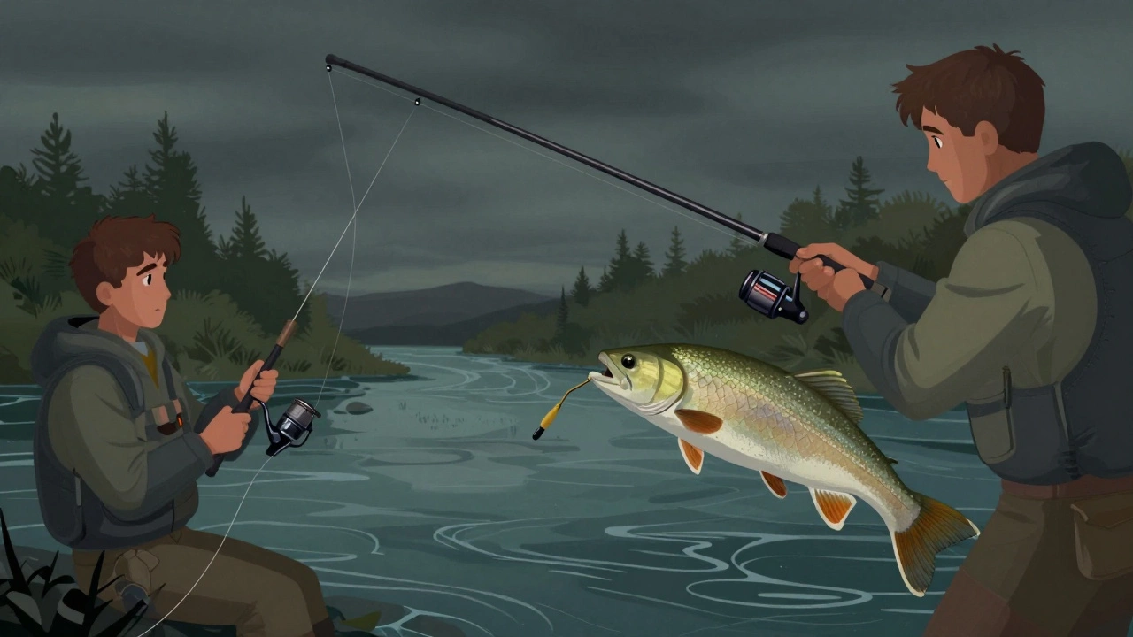 Сравнение новичка и опытного рыбака: один борется с снастью, другой спокойно вываживает рыбу с правильными инструментами.