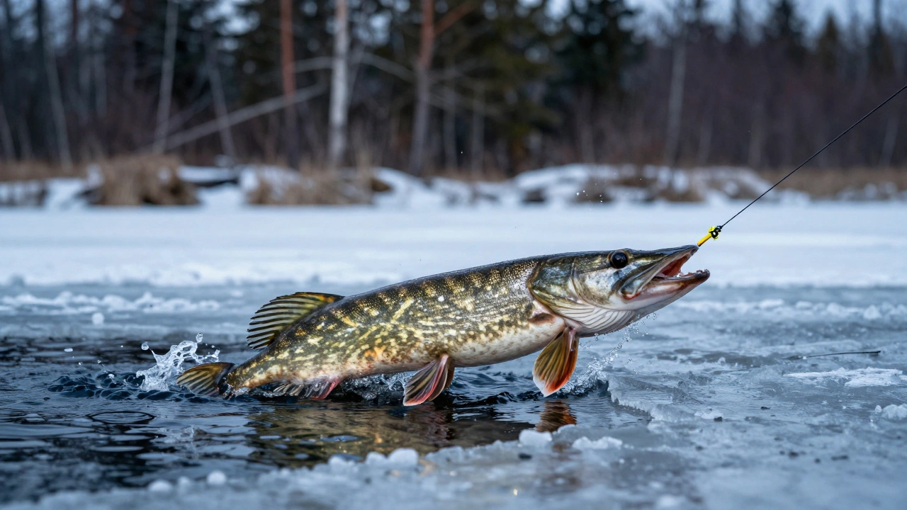 Щука резко рванула в воду, леска натянута, виден узел Олбрайт на переходе между лесками, ледяная поверхность озера.