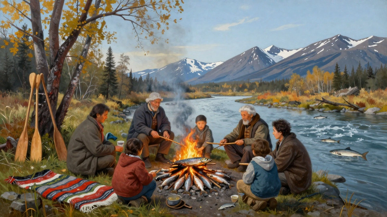 Жители Камчатки готовят лосося на костре у реки, дети смотрят, снега на горах вдалеке.
