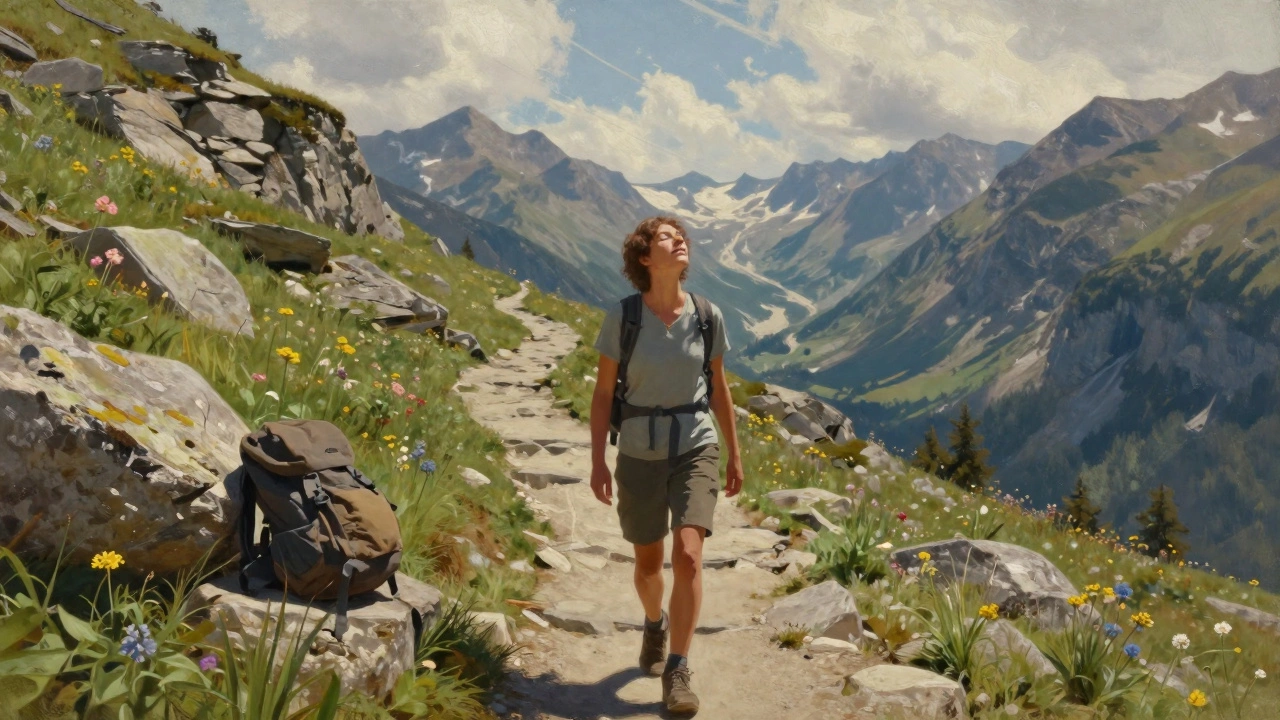 Человек на горной тропе делает паузу, чтобы глубоко вдохнуть, окружённый камнями и цветами.