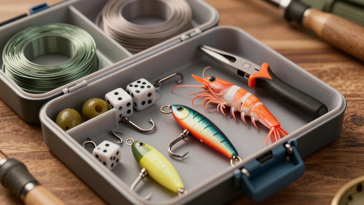 Детальный вид открытой рыболовной коробки с крючками, грузилами и приманками.