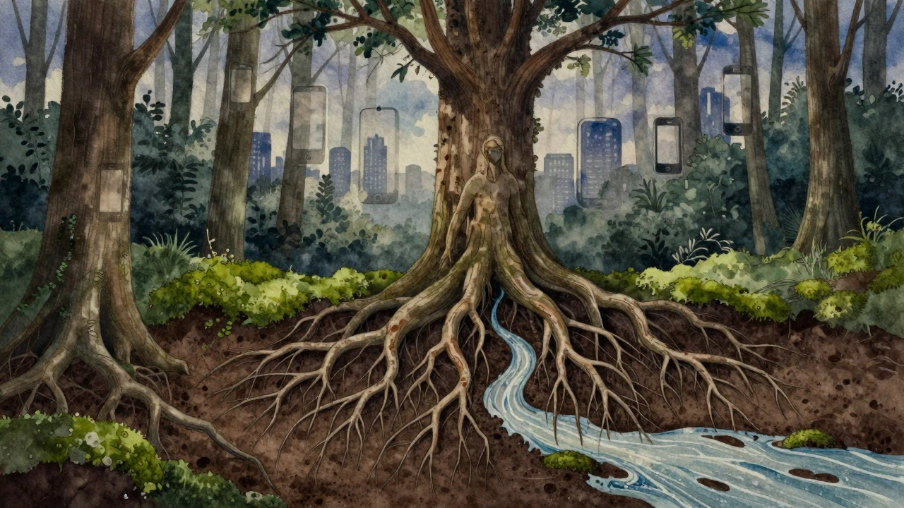 Фигура человека растворяется в лесу, превращаясь в корни и ручьи, городские силуэты исчезают за спиной.
