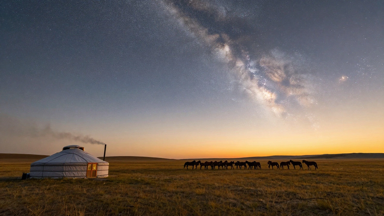 Монгольская степь на закате с юртой, лошадьми и Млечным Путём на ночном небе.