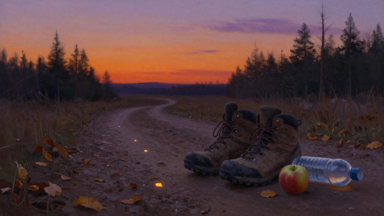Пары потёртых ботинок на тропе с водой и яблоком рядом, следы шагов ведут в лес, закатное небо.
