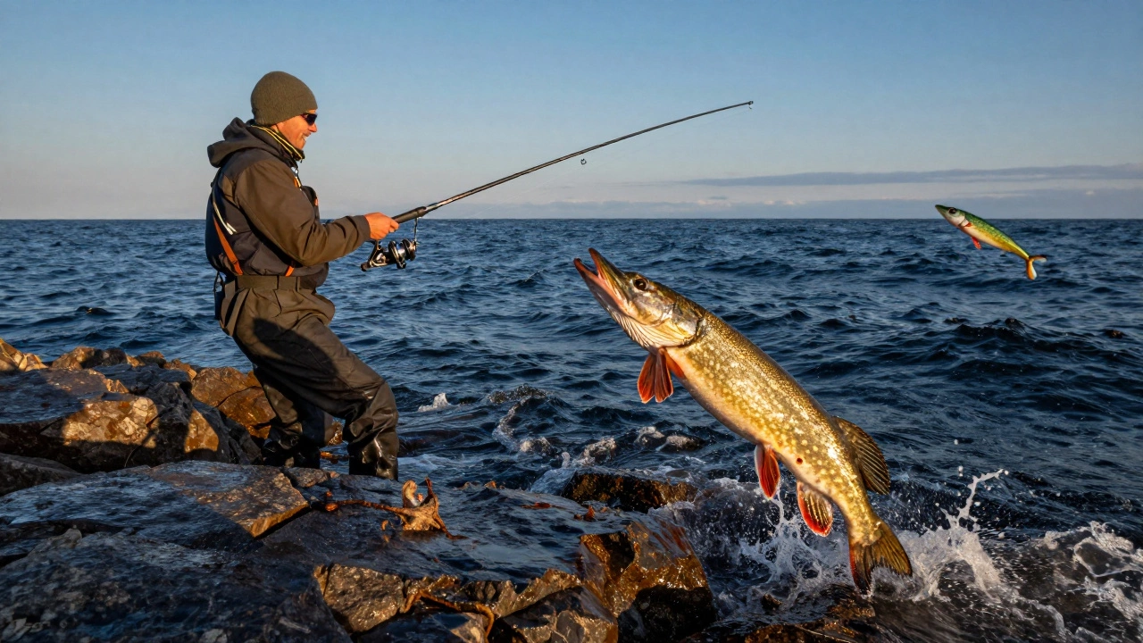 Рыбак на побережье Приморья ловит щуку спиннингом с искусственной приманкой в морской воде.