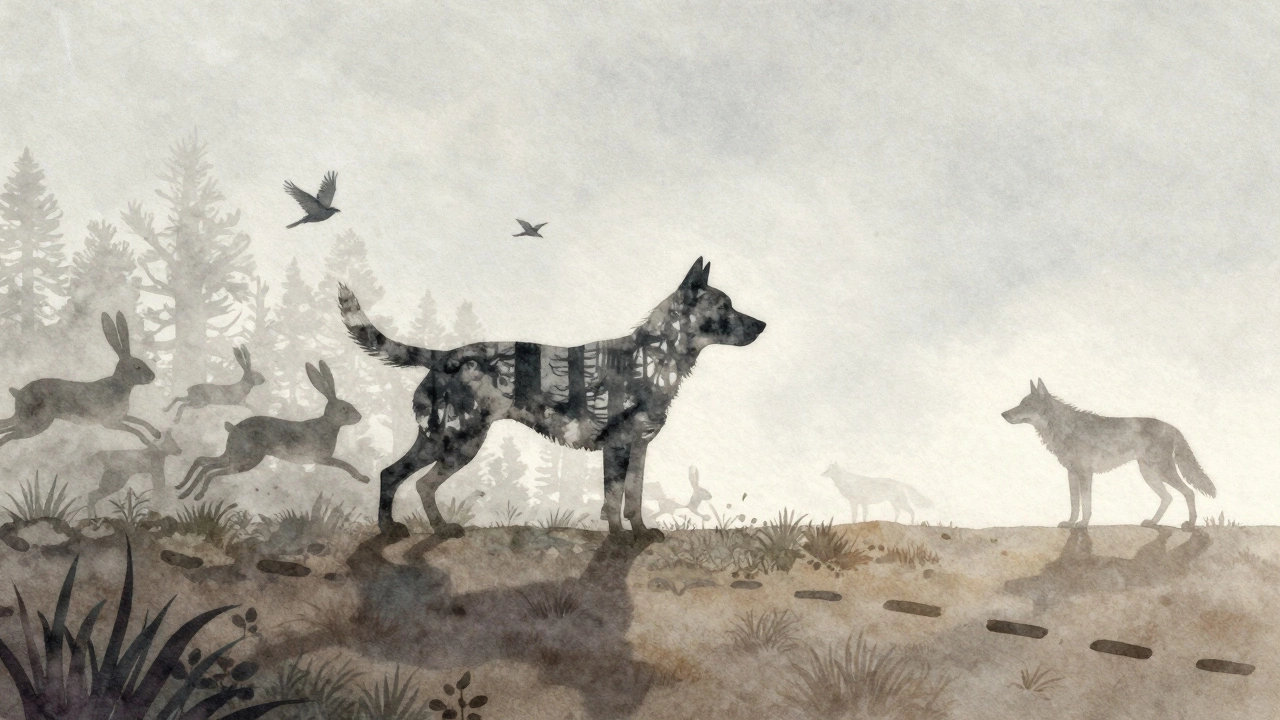 Собака растворяется в лесу, её тень превращается в бегущих зверей и исчезающих птиц, символ утраты природы.