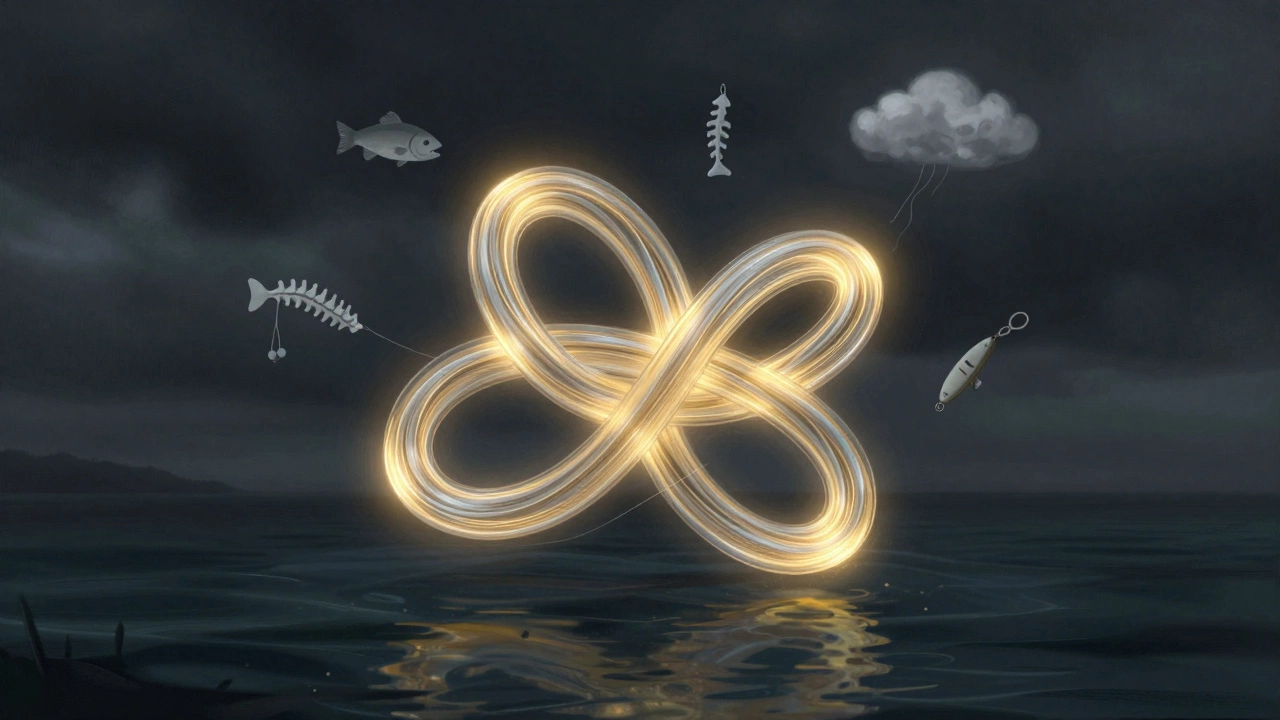 Светящийся узел восьмёрка в воздухе с символами рыбалки вокруг.