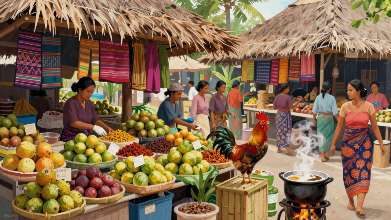 Живописный тропический рынок на Бали с фруктами, тканями и местными жителями.