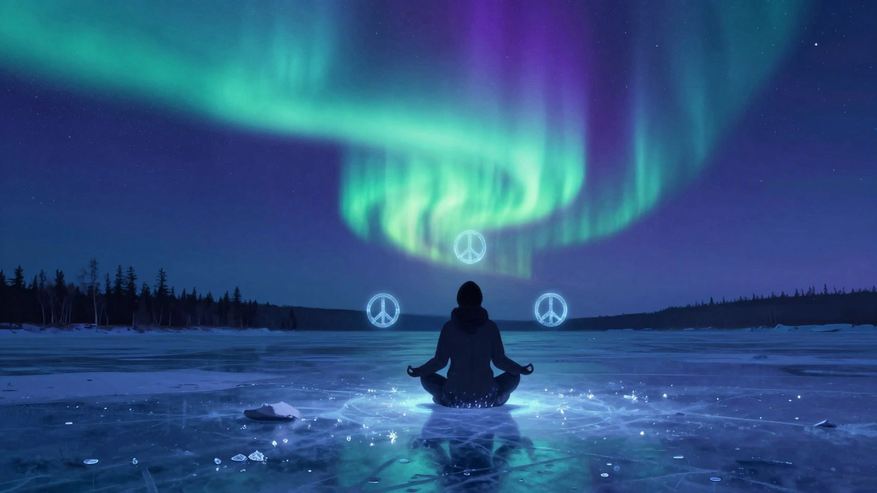 Человек медитирует на замёрзшем озере под северным сиянием в Сибири, небо в свете эмералдовых и фиолетовых лент.