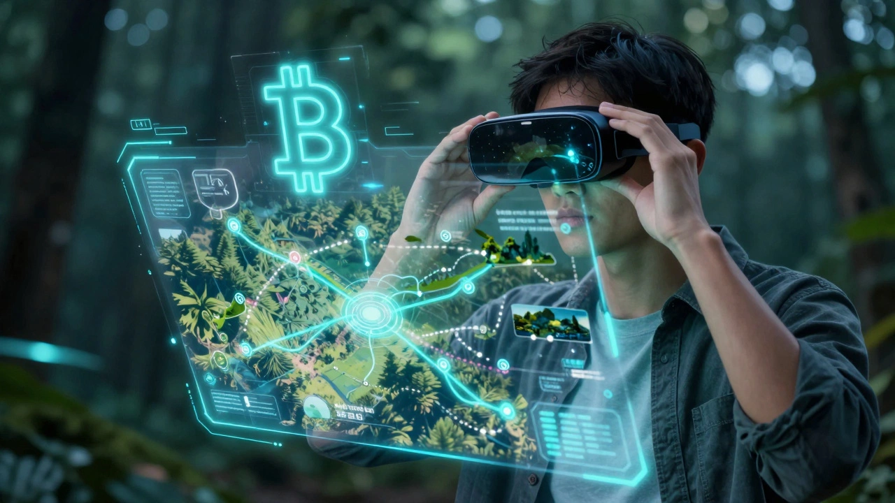 Человек с AR-очками смотрит на экотуры и криптовалютную оплату в цифровом интерфейсе.