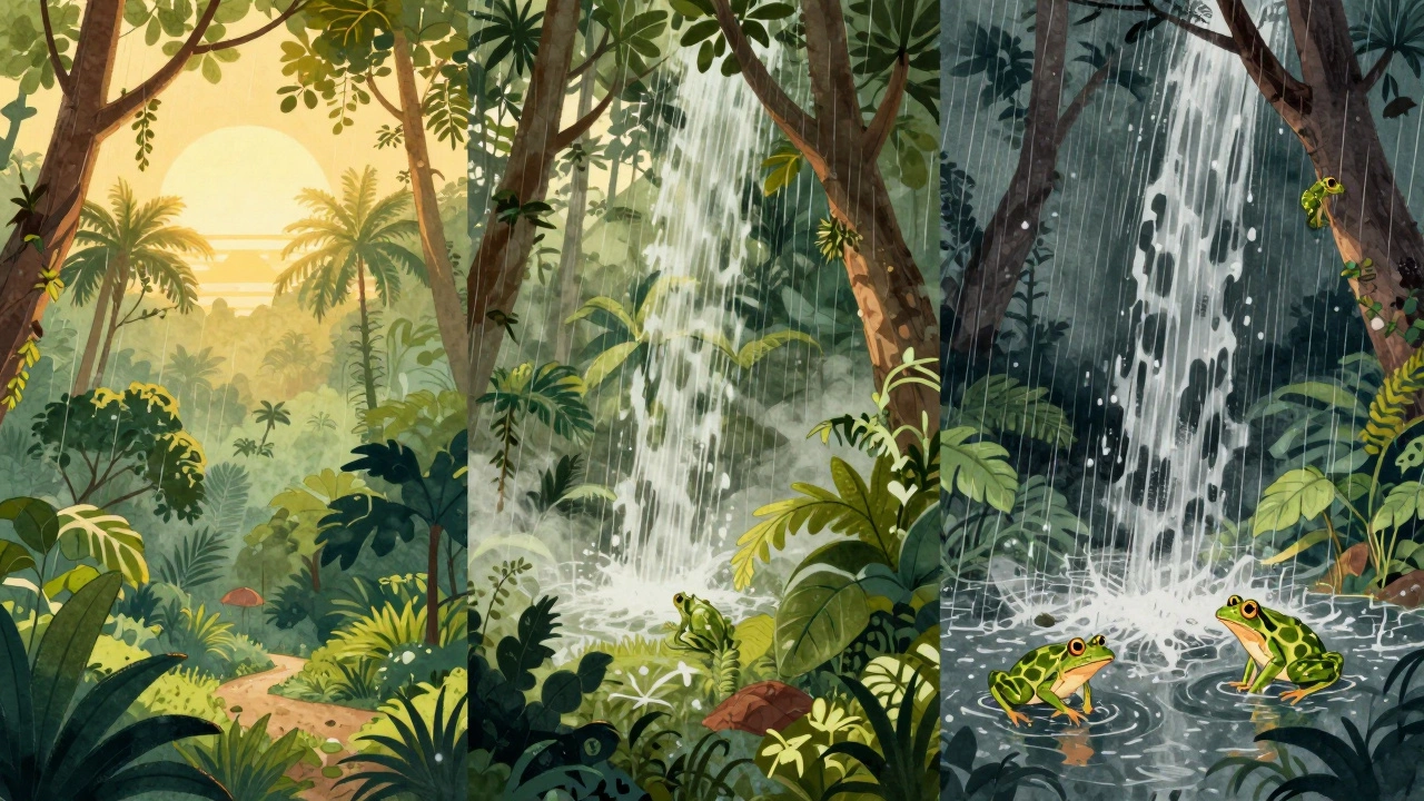 Цикл тропического дождя: утро, полдень и вечерний ливень над джунглями, вода стекает по деревьям.