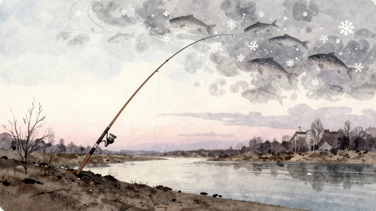 Древняя удочка в земле, её леска превращается в облака и силуэты рыб и лиц.