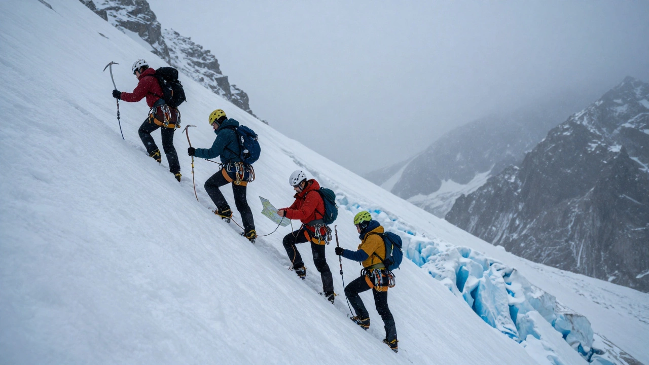 Группа альпинистов поднимается по леднику в Кавказе, используя веревки и ледорубы, вокруг — глубокие трещины.