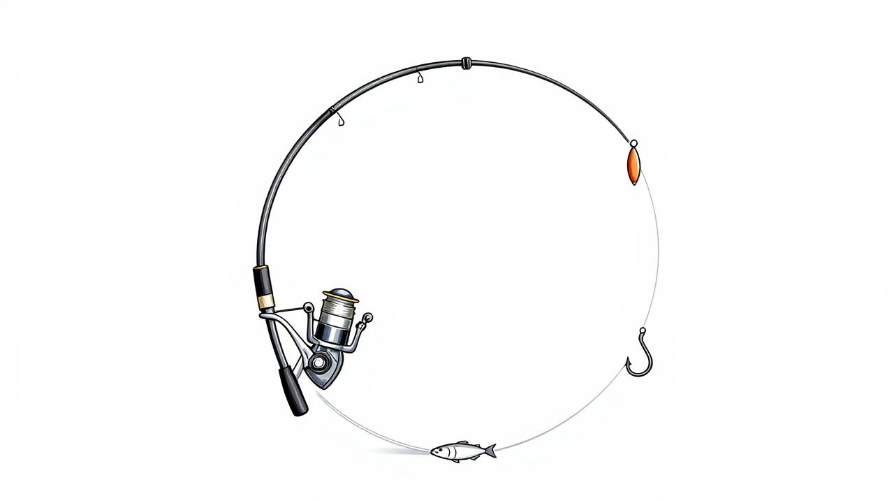 Минималистичная схема пяти основных элементов рыбацкой снасти: удочка, катушка, леска, грузило, крючок.