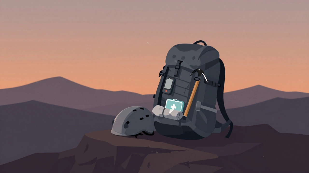 Минималистичный рюкзак на скале с основным снаряжением для горного туризма: каска, ледоруб, термобелье, GPS и одеяло.