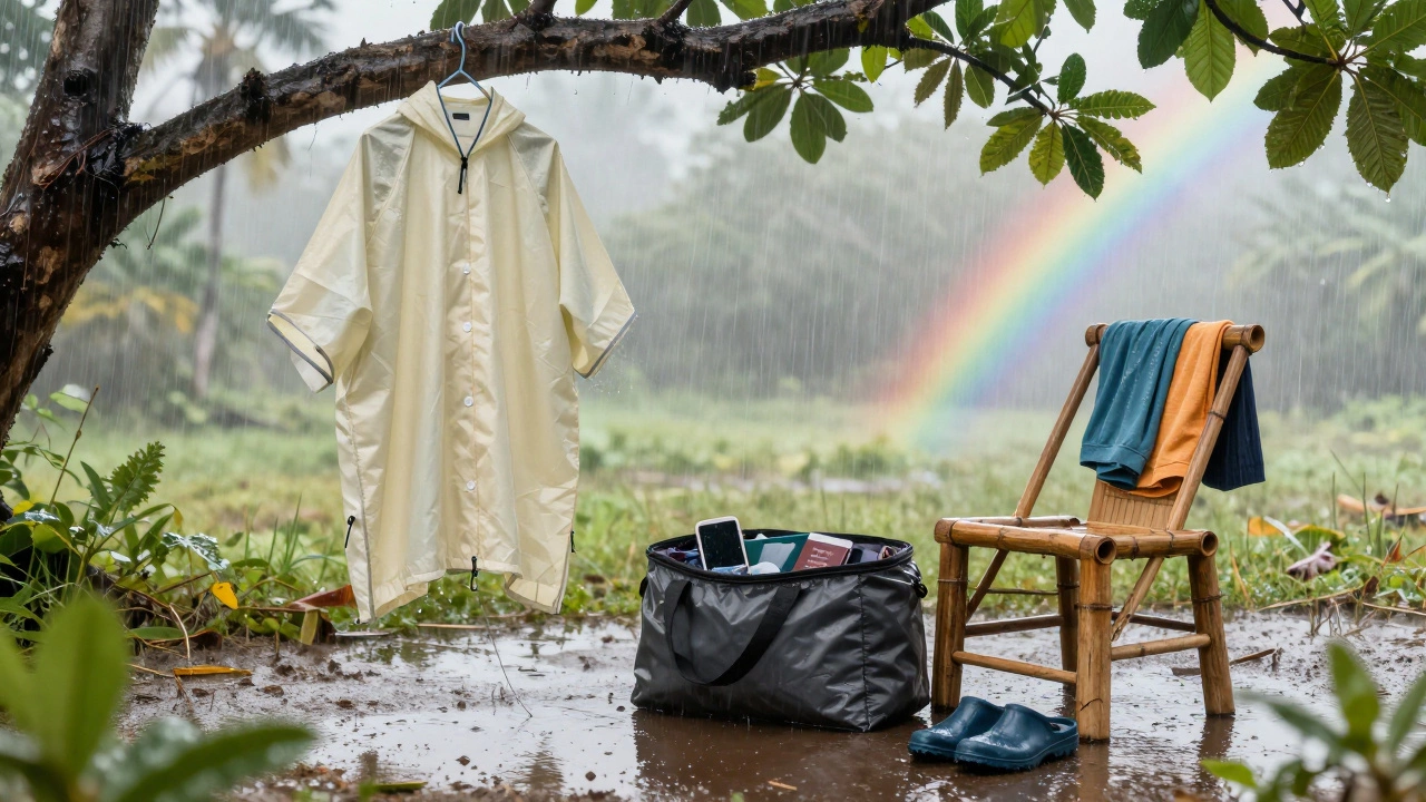 Пакет для поездки в тропики: легкий дождевик, водонепроницаемая сумка, сандалии и быстросохнущая одежда после дождя.