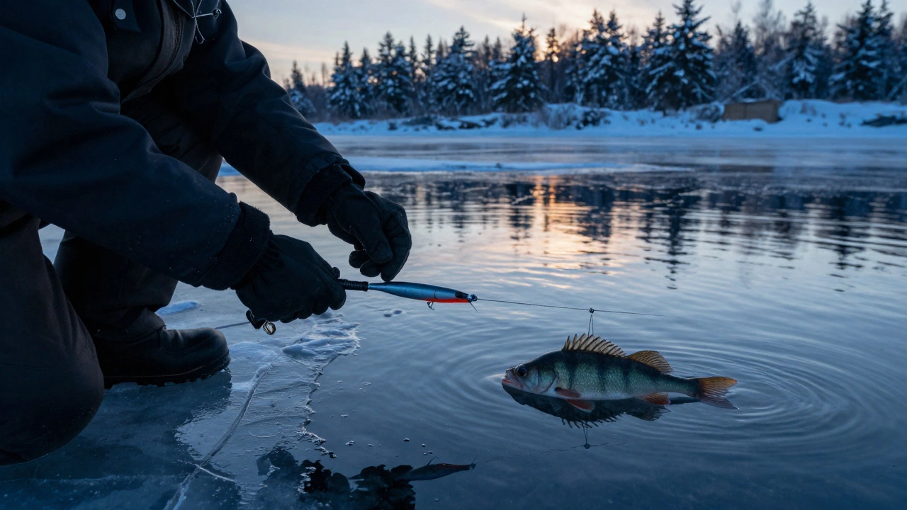 Руки рыбака с балансиром на замерзшем озере, за льдом — щука и окунь в синей воде.