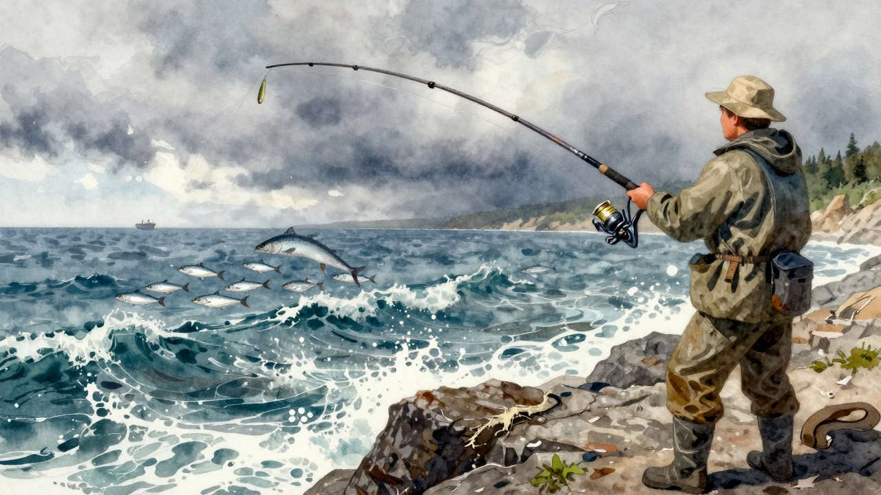 Рыбак на скале в Приморье с спиннингом, воблер в воздухе, море и лодка на фоне.