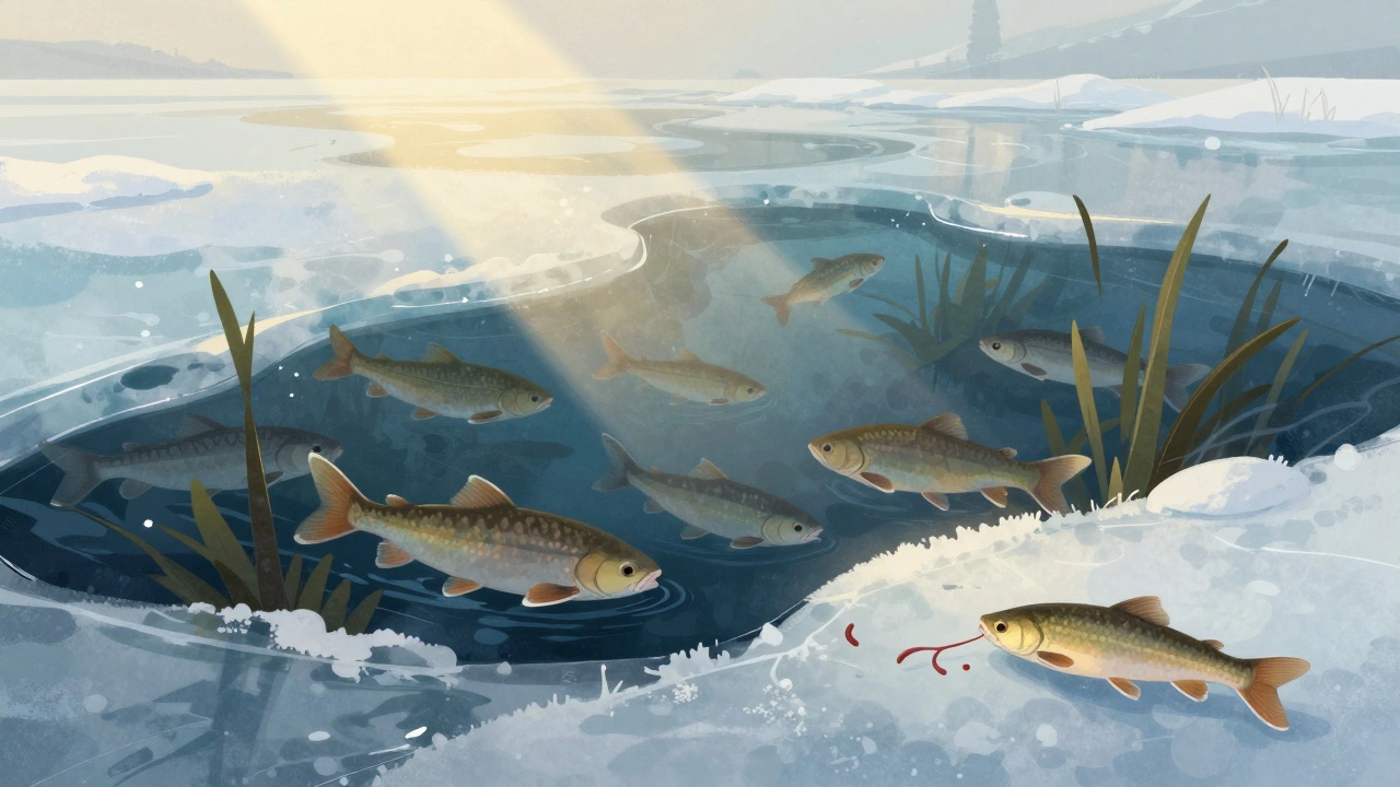 Рыбы подо льдом в глубокой яме, у подводных растений, мягкий свет проникает сквозь лед.