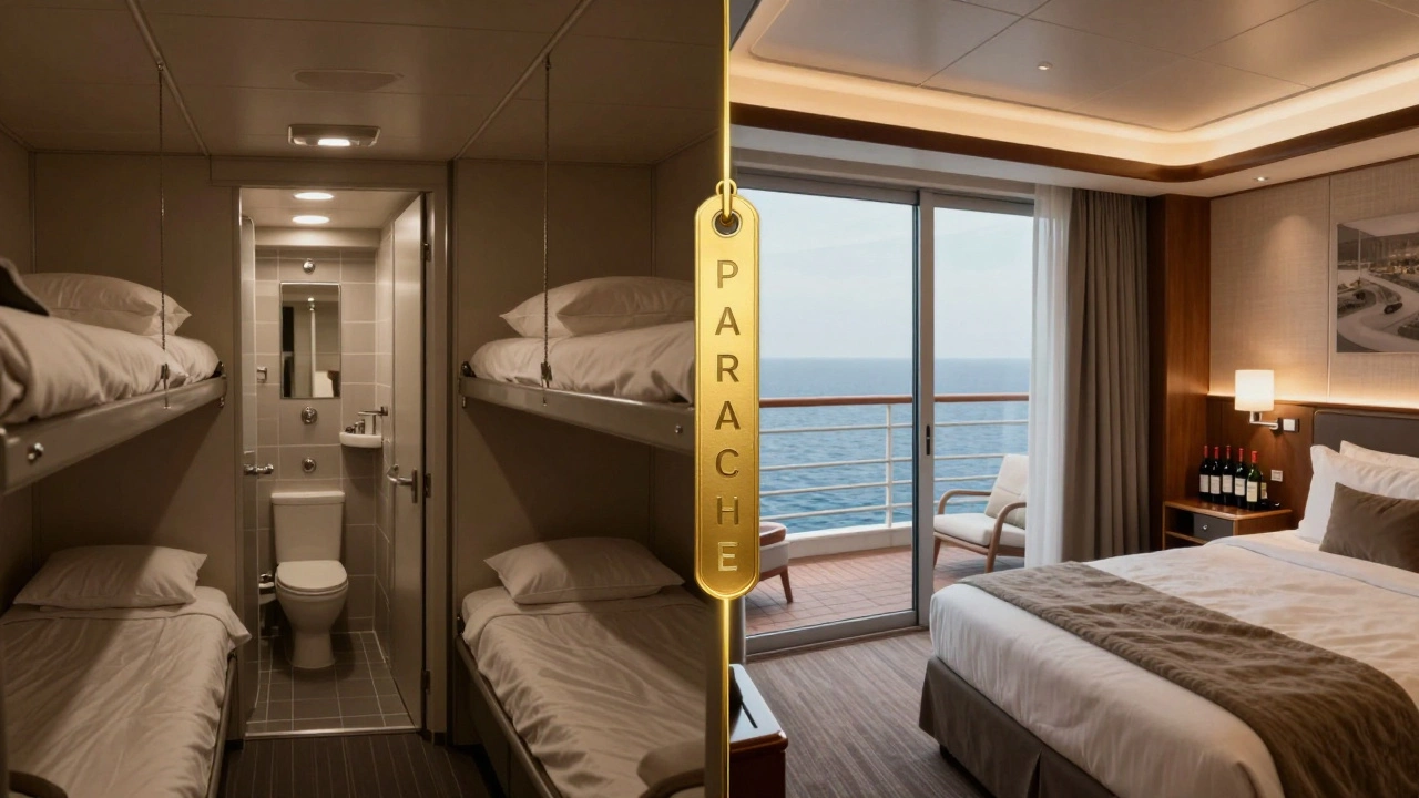 Сравнение кают: простая с двумя кроватями слева, люкс с балконом и вином справа, разделённые золотой ценовой меткой.