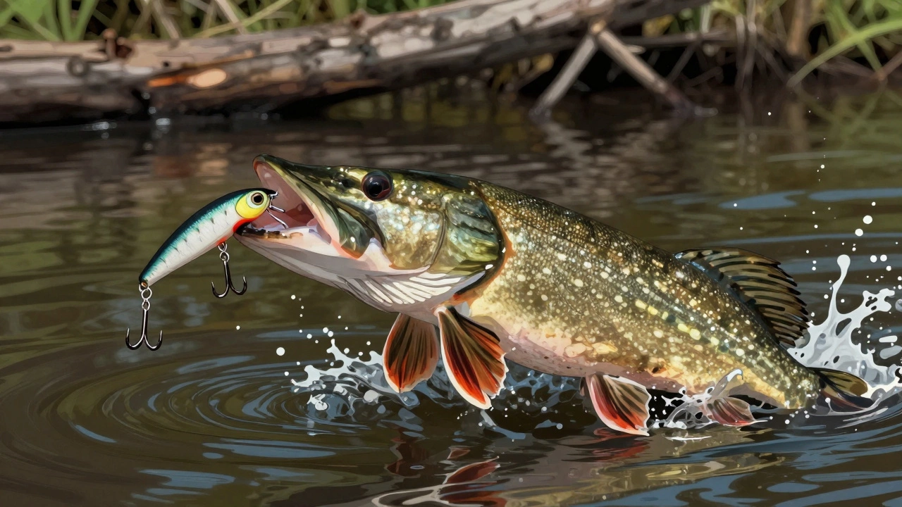Щука хватает приманку с тройным крючком, вода брызжет вокруг, крючок надежно зацепился в пасти рыбы.