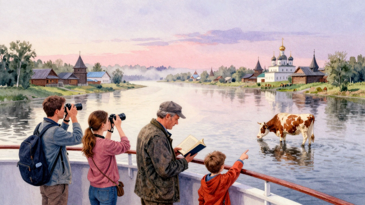 Трое путешественников на палубе круизного судна на рассвете, деревни и монастыри на берегу.