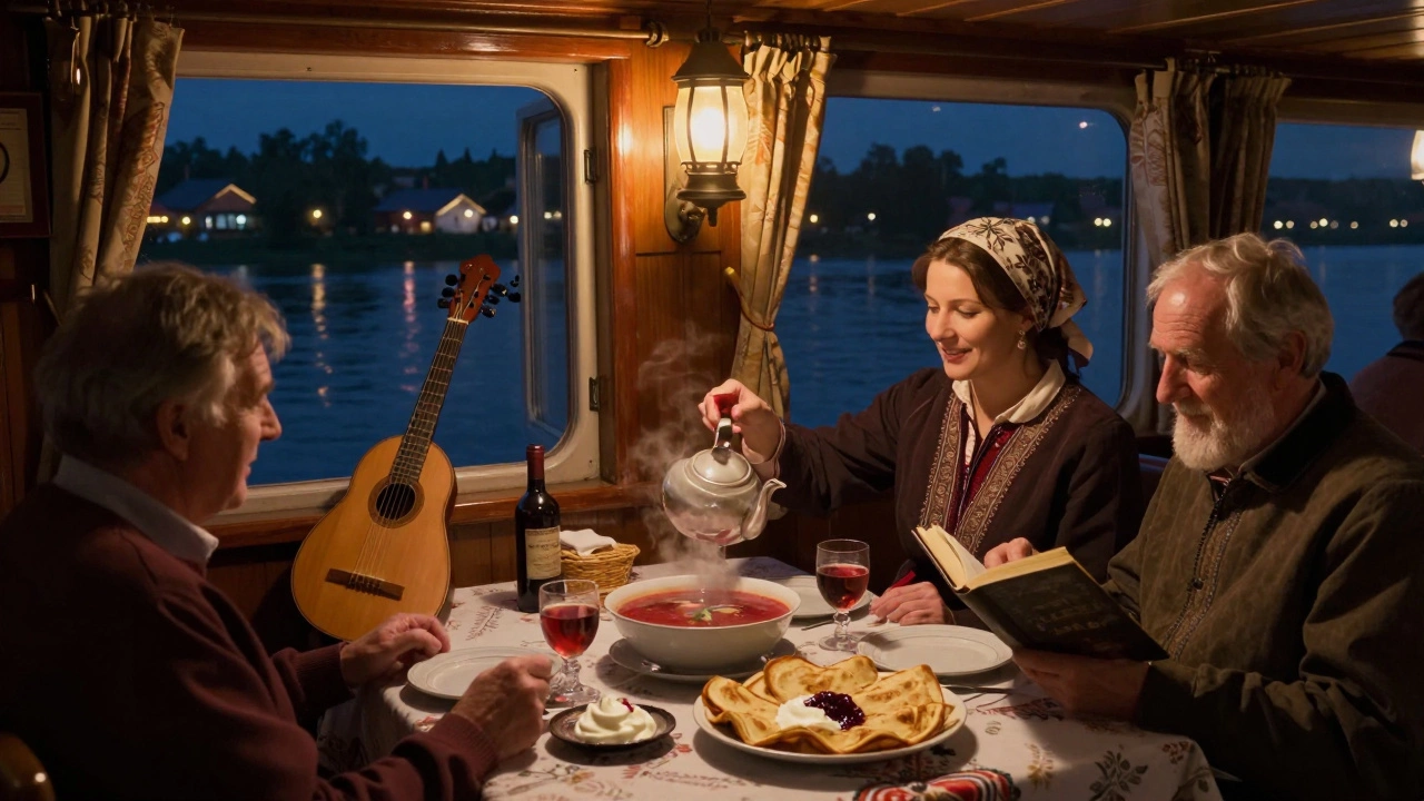 Уютный интерьер речного судна: ужин с блинами, чай, балалайка и свет лампы.