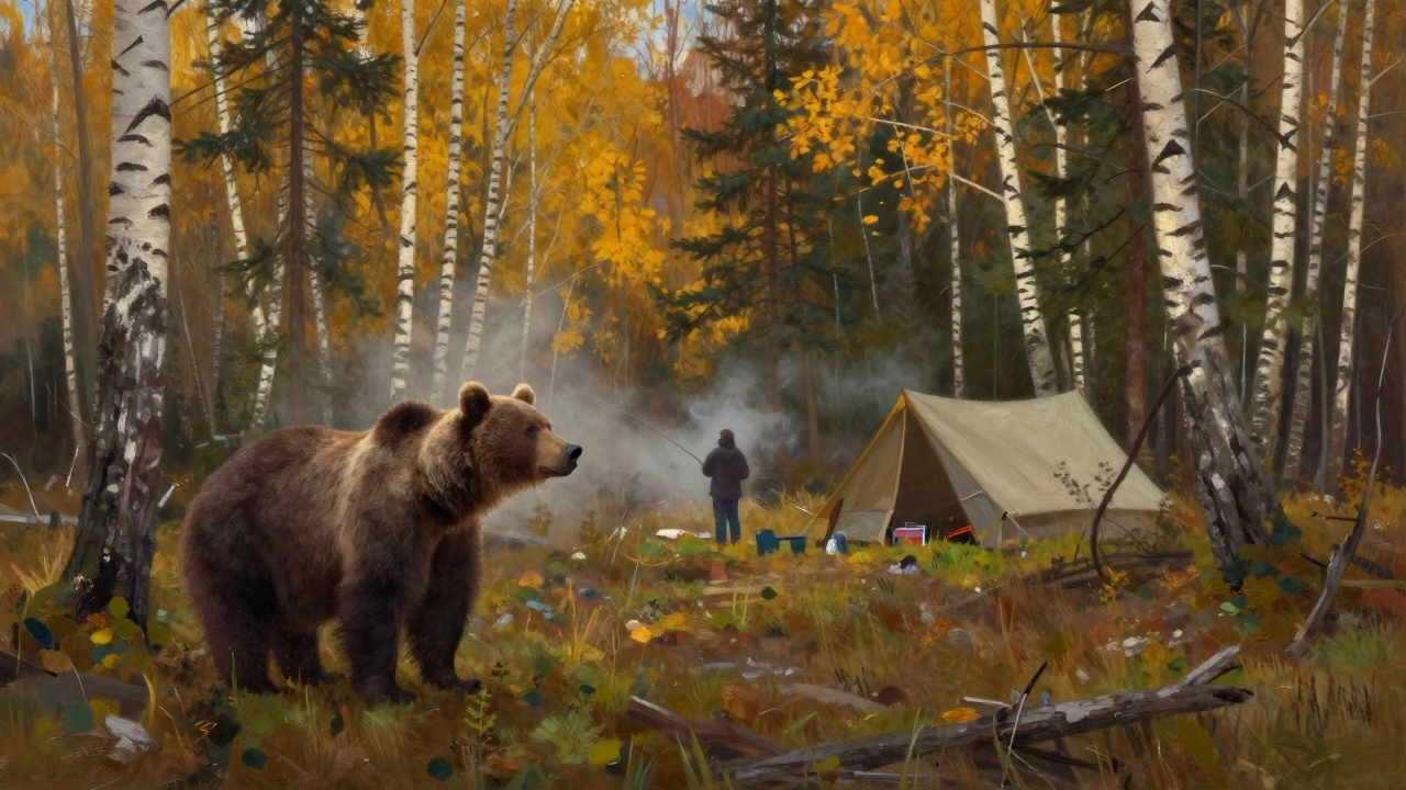 Бурый медведь на краю таежного лагеря возле места отдыха рыболовов