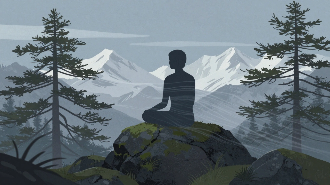 Человек сидит на камне в горах, вокруг — природа, без техники, атмосфера тишины.
