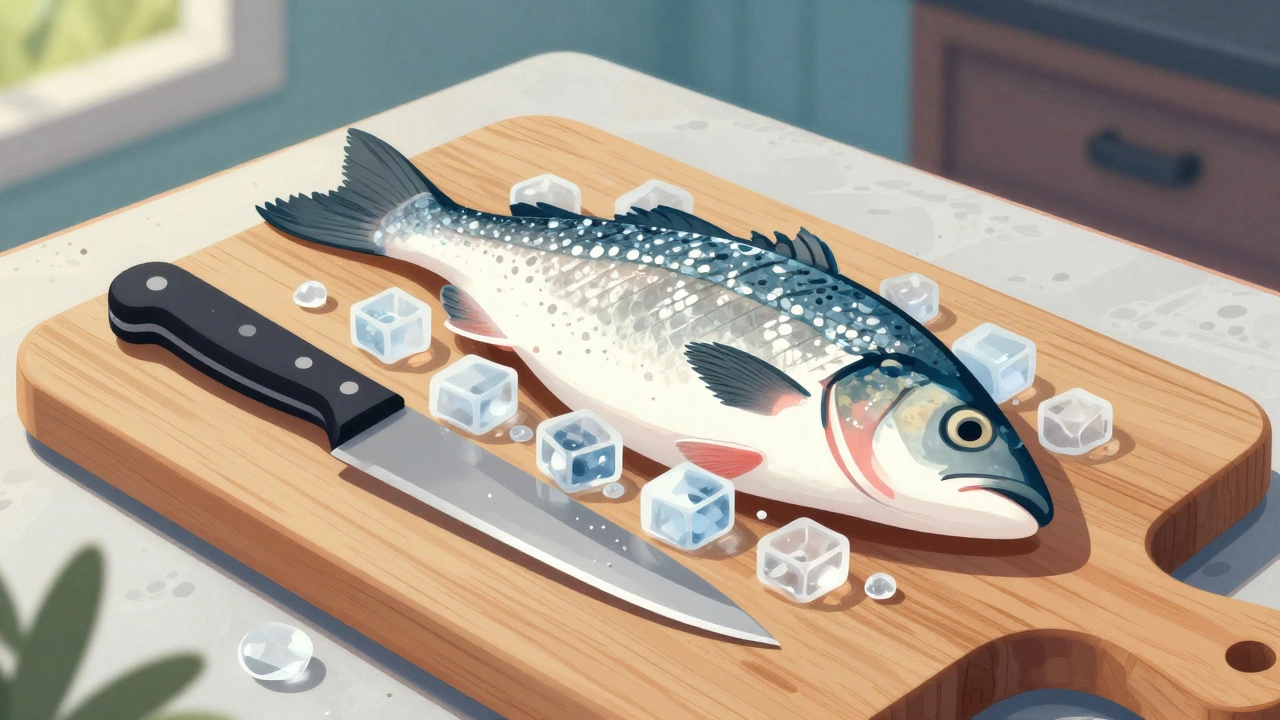 Чистая разделочная доска с рыбой и льдом для безопасного хранения.