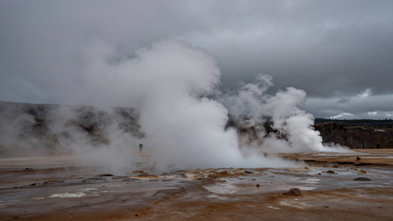 Долина гейзеров на Камчатке: мощные фонтаны пара и воды под volcanic небом, без людей и техники.