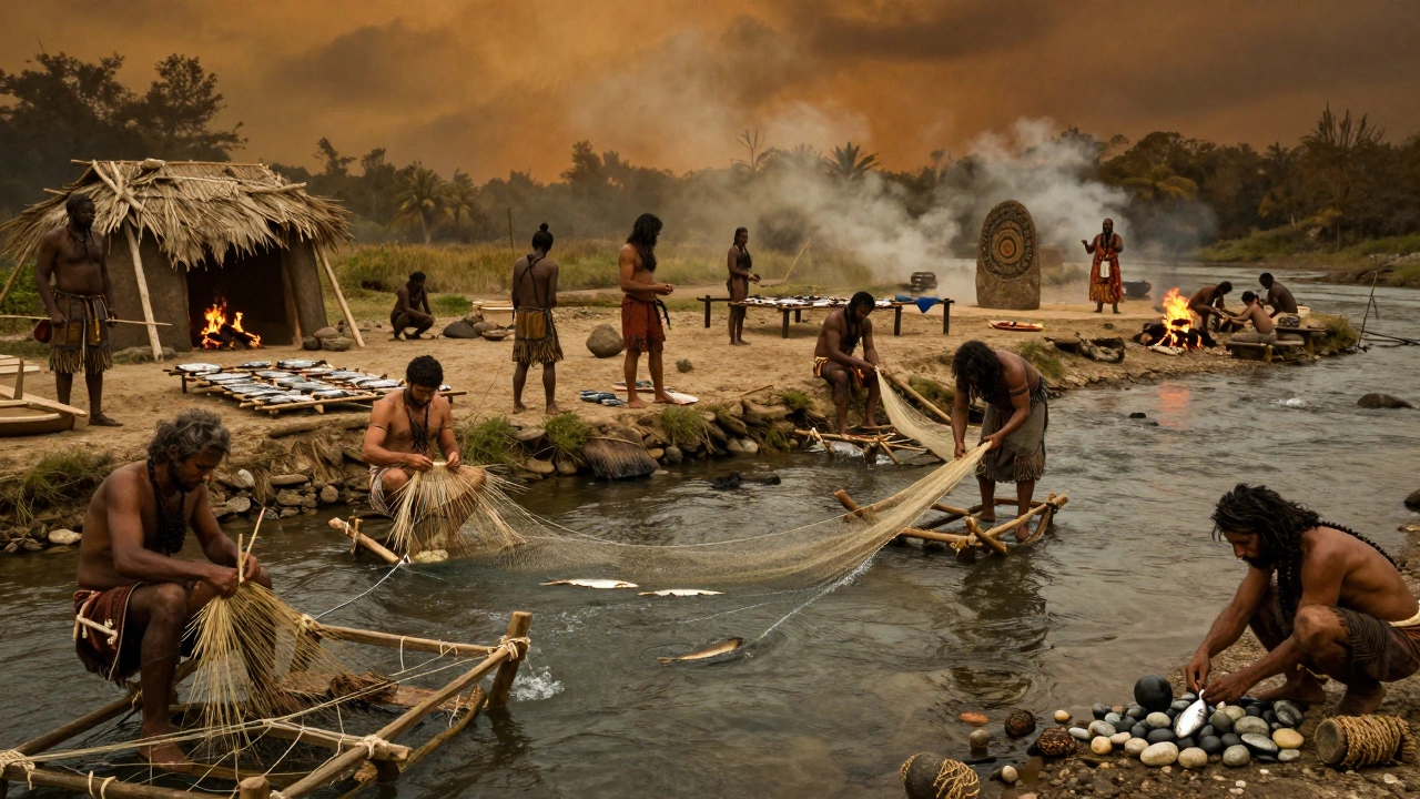 Древняя деревня у реки: люди плетут сети, сушат рыбу и проводят обряды, дым от костров поднимается к небу.