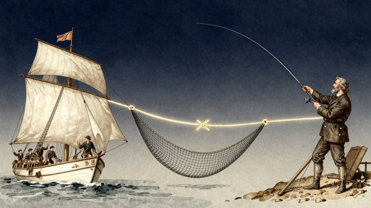 Эволюция морского узла: от парусного судна до современного рыбака — в одной сцене.