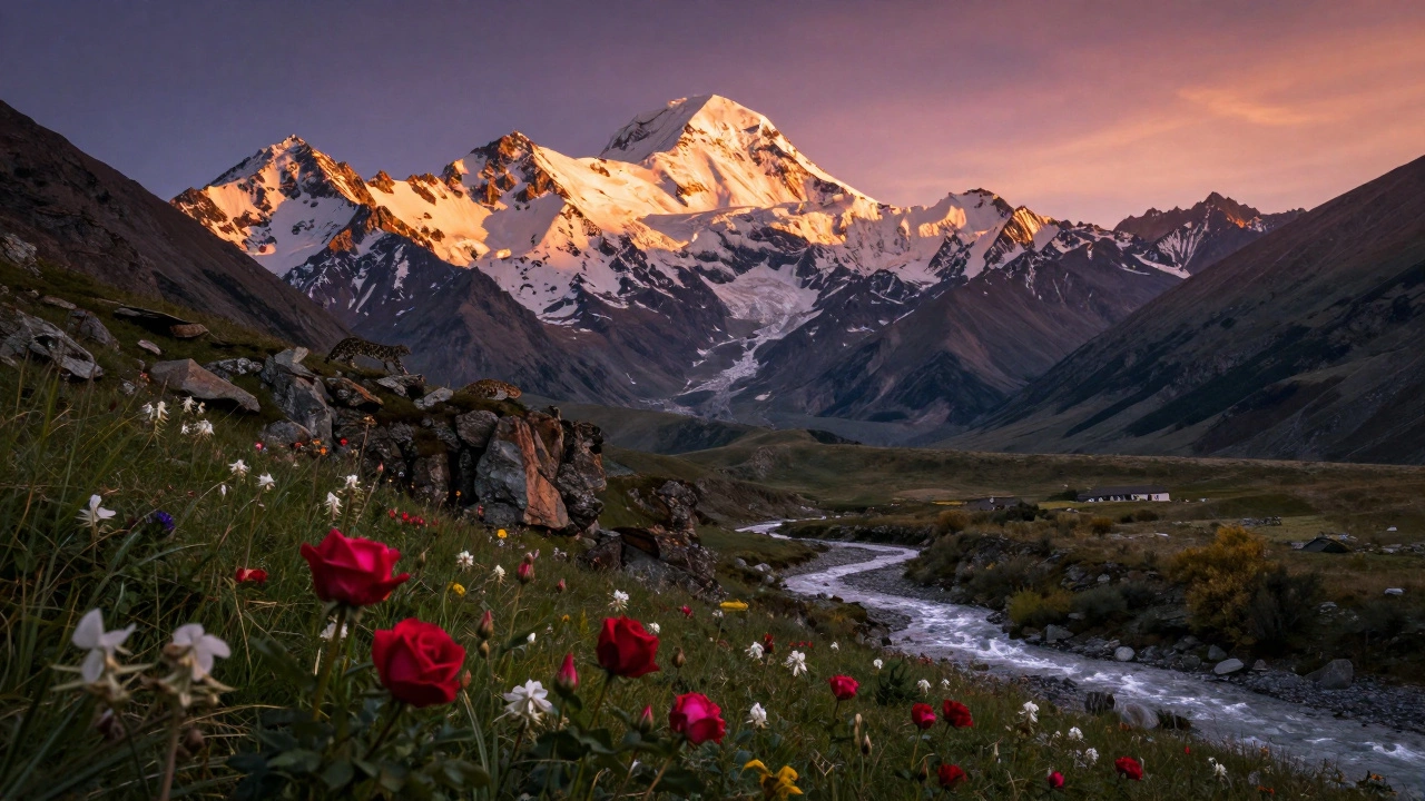 Гора Эльбрус в Кавказских горах с альпийскими лугами и снежным барсом на скале.