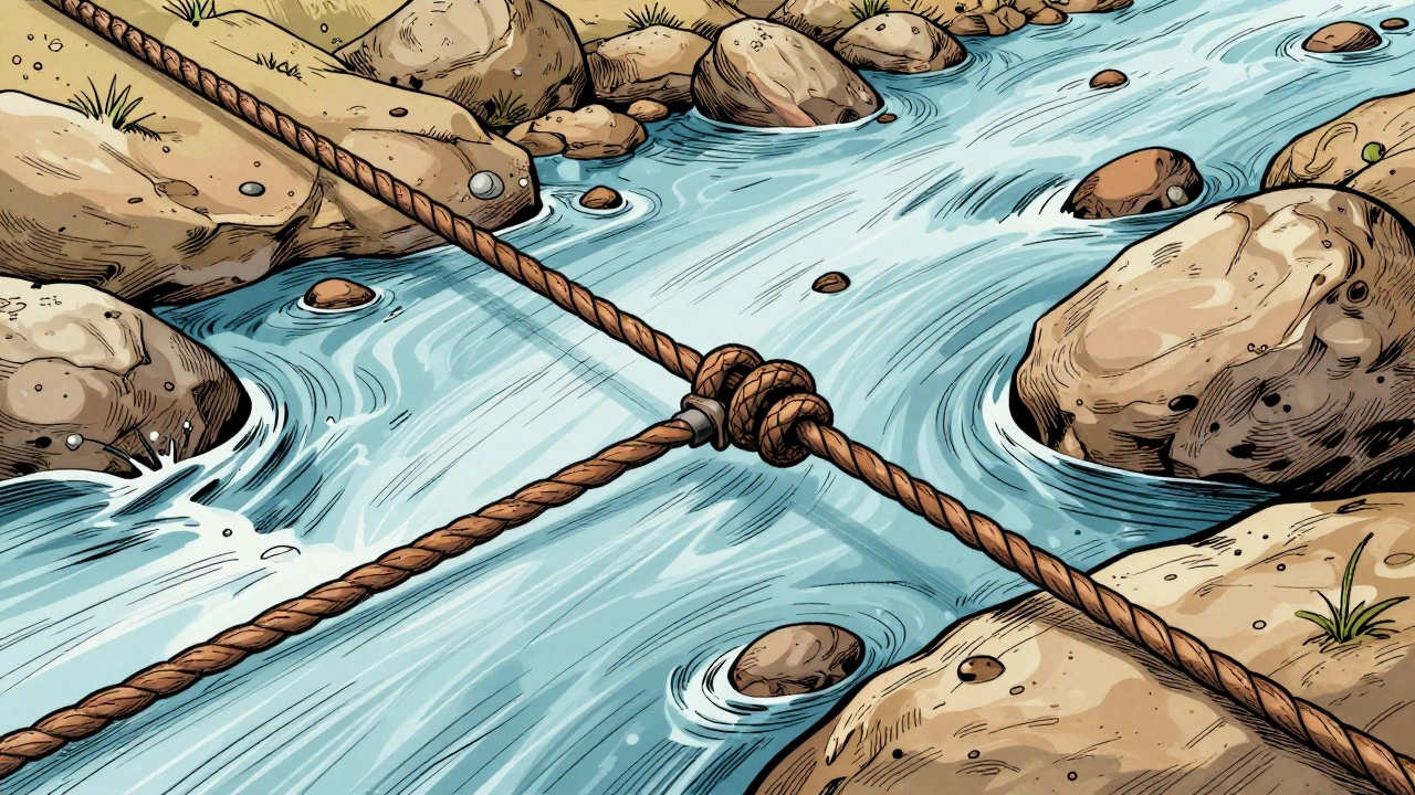 Грейпвайн узел соединяет плетенку и флюорокарбон на каменистом дне реки