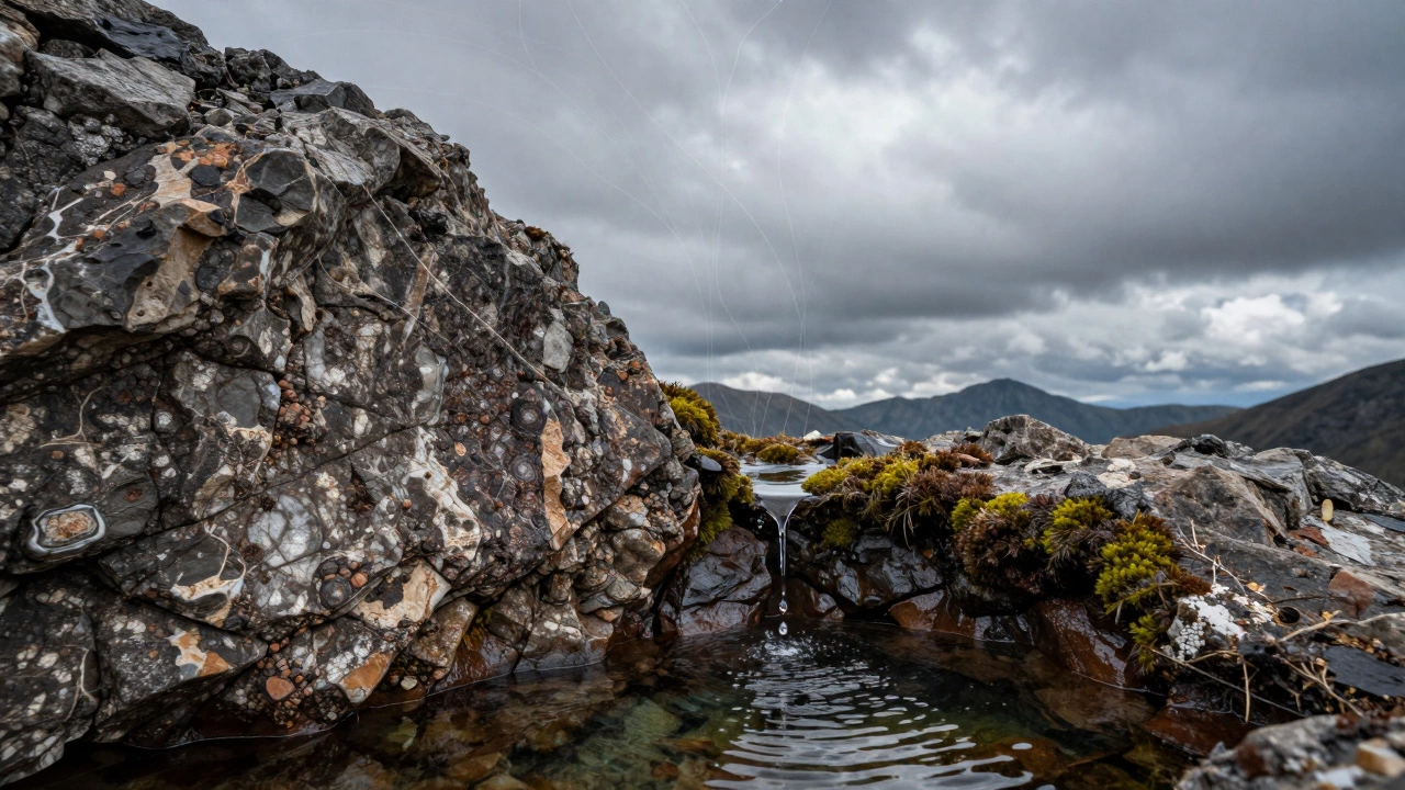 Камень с минералами, тонкие магнитные линии и капля воды, природа в деталях.