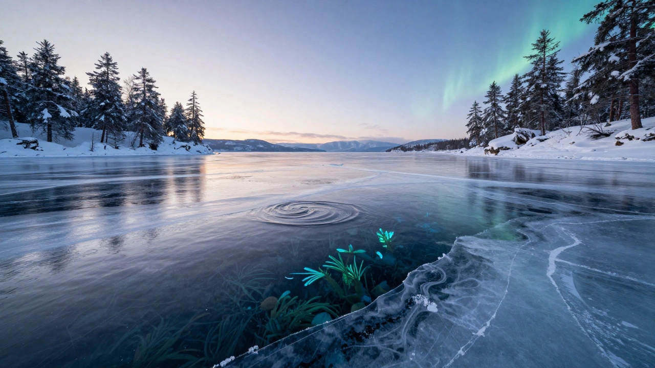 Лед Байкала прозрачный, под ним видны водоросли, вокруг — снежные сосны.