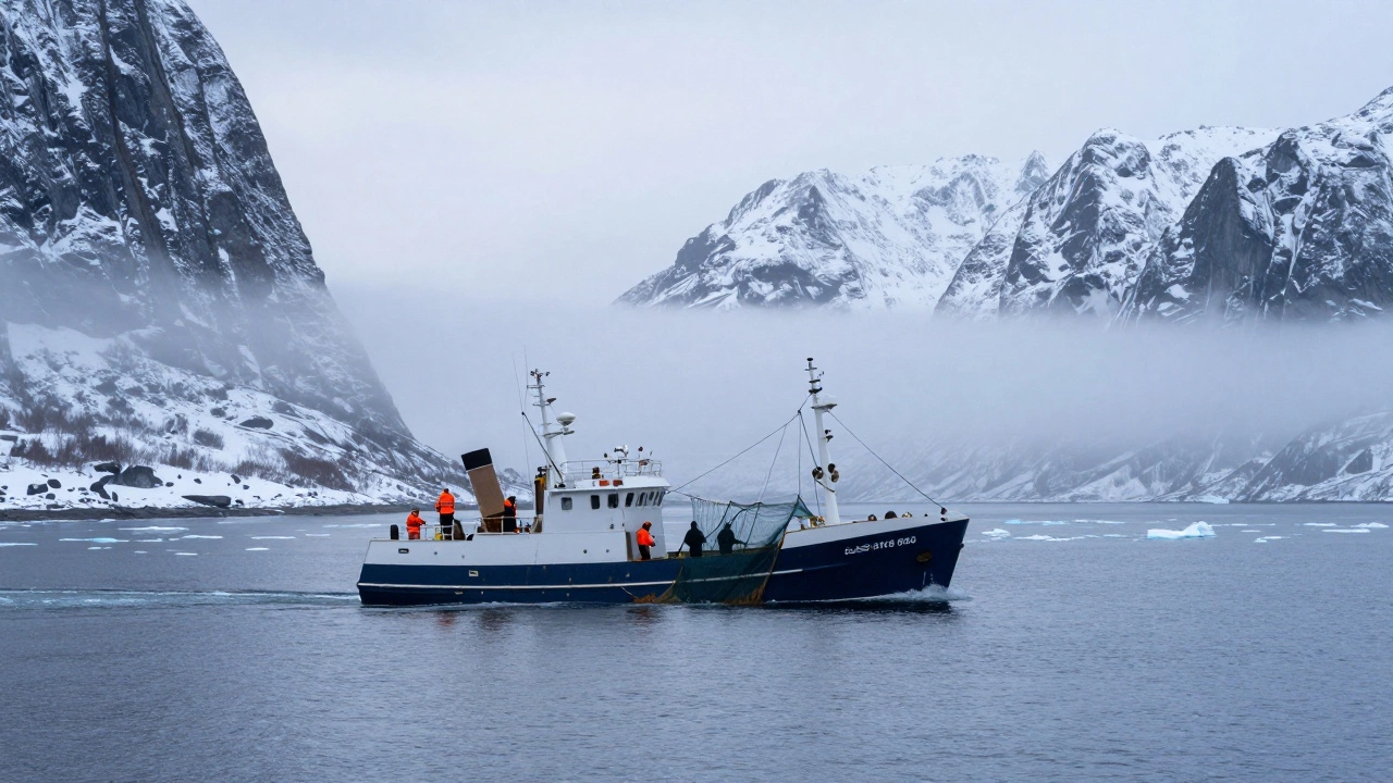 Норвежский траулер у скалистых фьордов с сетями