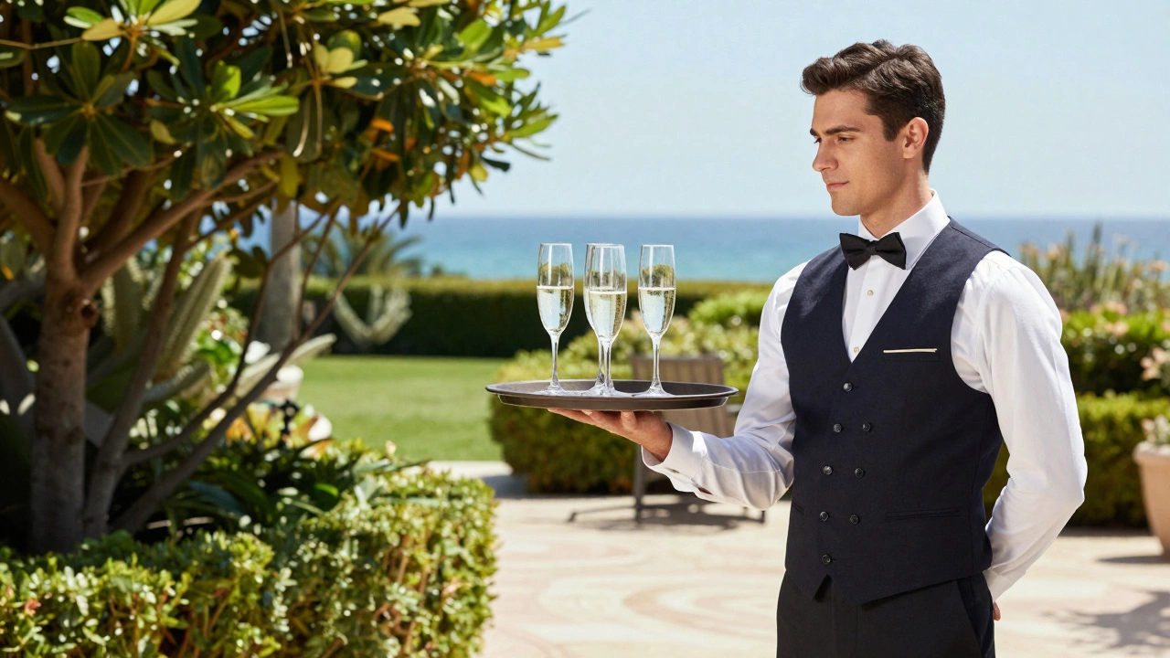 Официант с шампанским на открытой палубе.