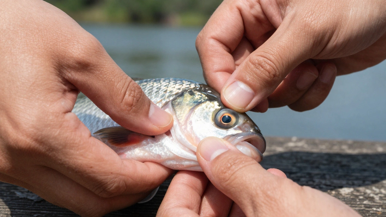 Руки проверяют свежесть рыбы, осматривая жабры и глаза на природе.