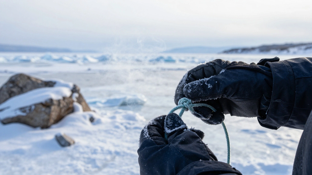 Рыбак в перчатках завязывает морской узел на льду Байкала при минусовой температуре.