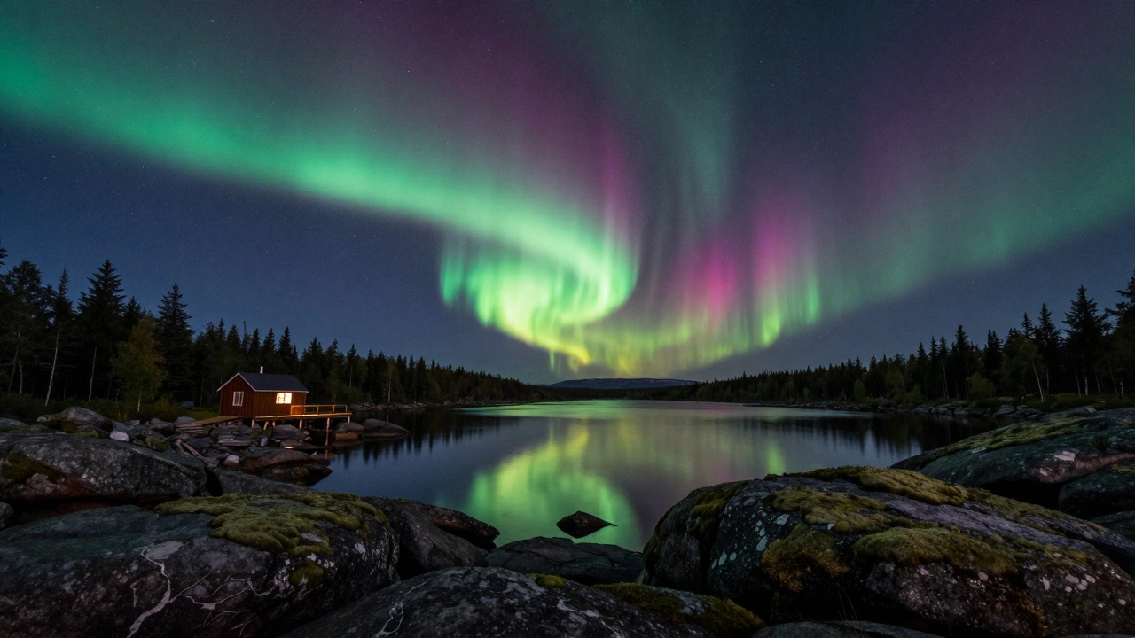 Северное сияние над озером на Кольском полуострове, отражающееся в тёмной воде среди древних скал.