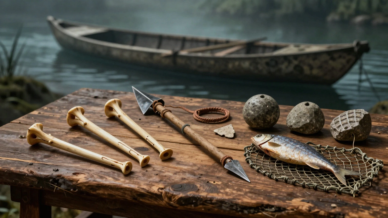 Старинные рыболовные орудия: костяные крючки, гарпун, каменные грузила и фрагменты сети на деревянной поверхности.