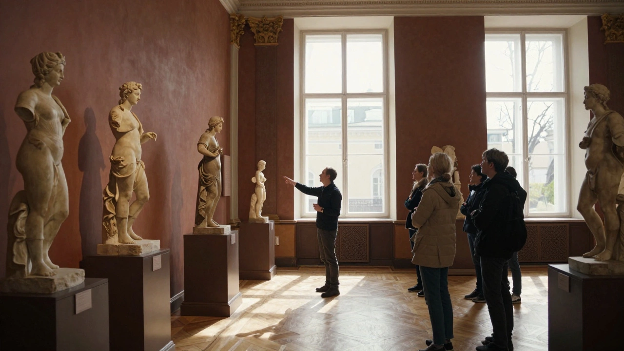 Внутренний вид Эрмитажа в Санкт-Петербурге, солнечный свет падает на статуи, гид объясняет экспонаты группе посетителей.
