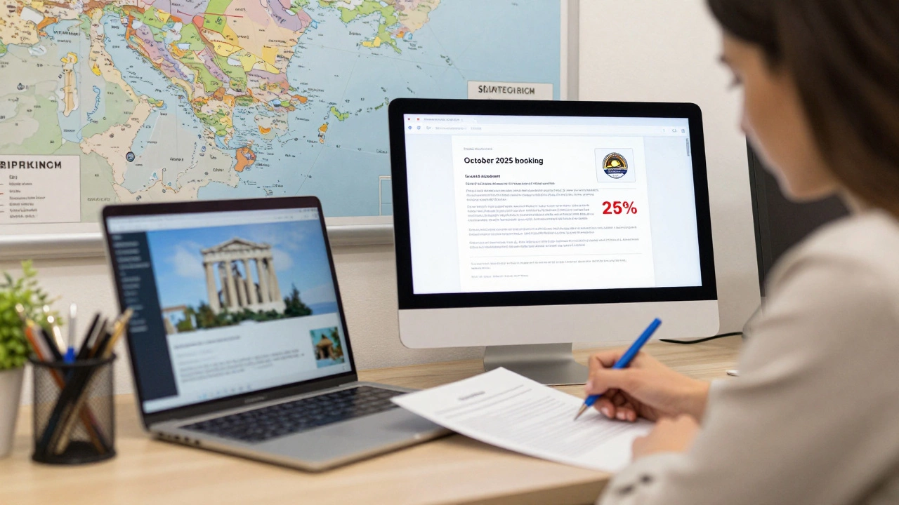 Женщина подписывает договор на тур в Афины, на экране компьютера видны дата бронирования и скидка 25%.