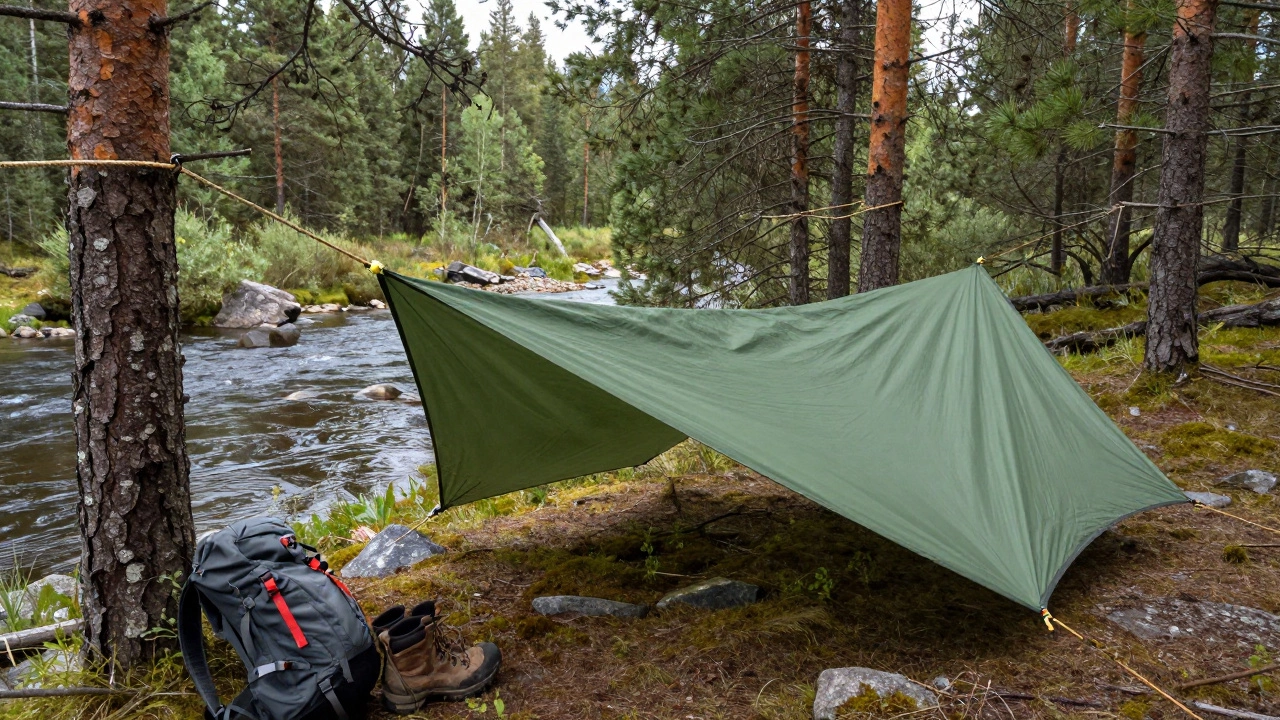 Использование узла Прусика для регулировки высоты тента в походном лагере в тайге
