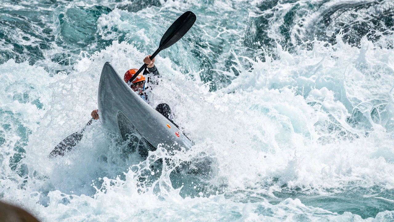 Каякер преодолевает бурный поток бурлящей бирюзовой воды