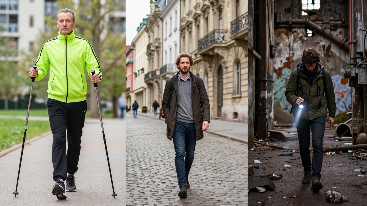 Коллаж: скандинавская ходьба в парке, прогулка по городу и исследование заброшенного завода